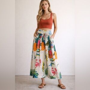 Tropical Fish Print wide leg Colorful Beachy Vacation with Cut/Fringed bottoms